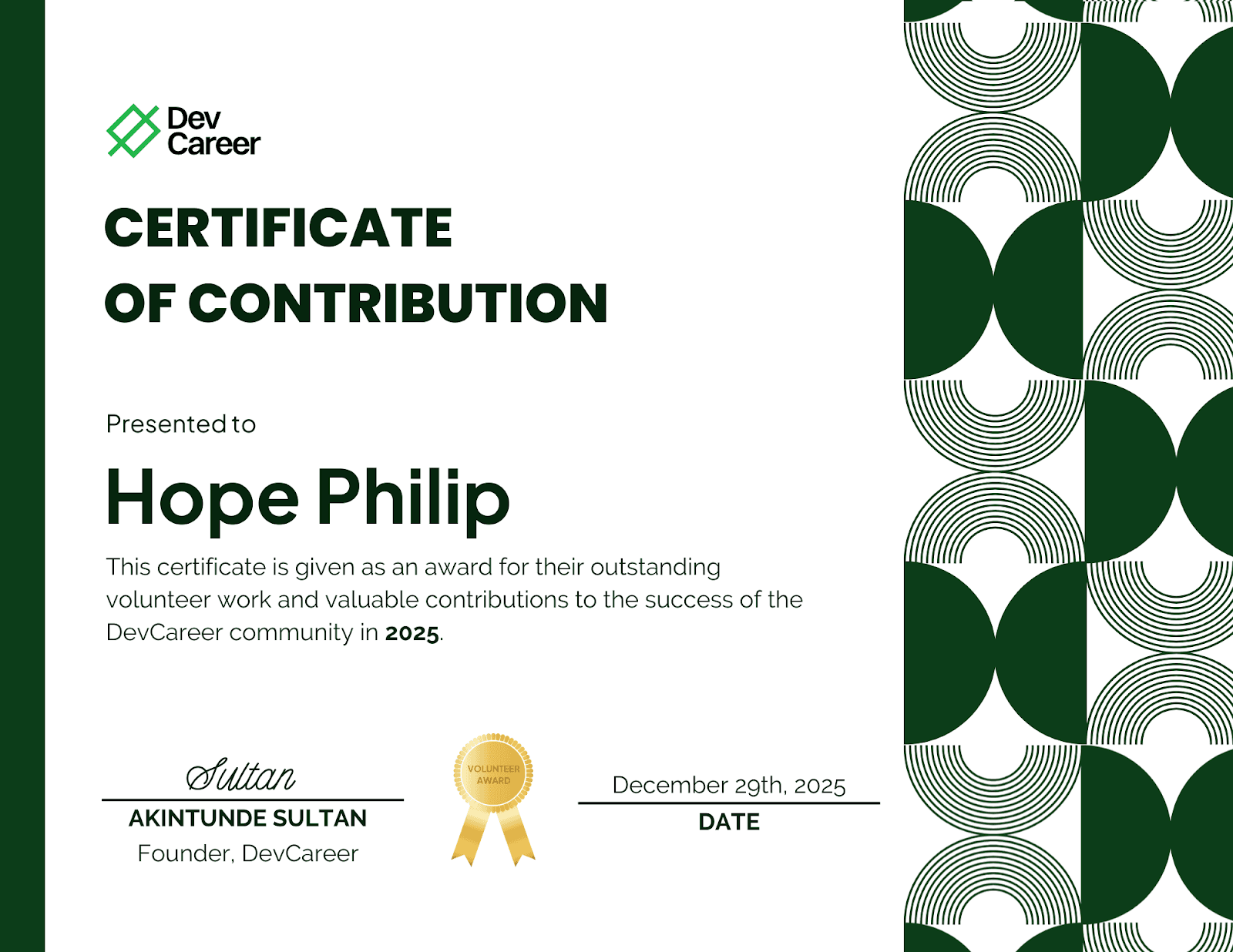 DevCareer Volunteer Certificate